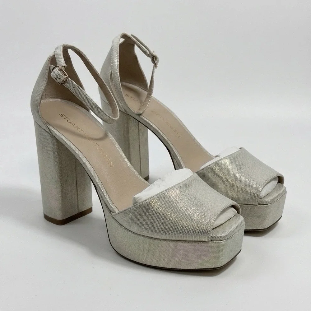 Stuart Weitzman Size-8.5B Sabrina Platform Linen Leather Shimmer Beige $575